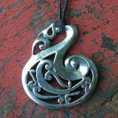 Manaia Fishhook Pendant Necklace, Handcast Pewter Pendant on Adjustable Waxed Cord