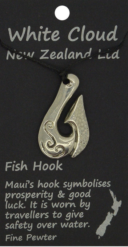 Maori Fish Hook Pendant Necklace (Koru Design), Handcast Pewter Pendant on Adjustable Waxed Cord