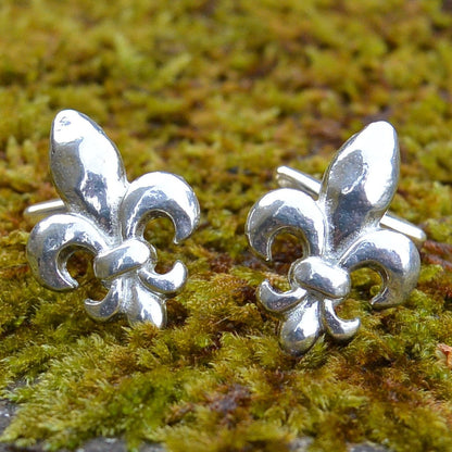 Fleur de Lys Set of Cufflinks and Tie Clip, Handmade, in Fine Pewter, by William Sturt