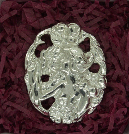 Art Nouveau Girl With Flowers Brooch, Handcast Pewter, Polished Finish
