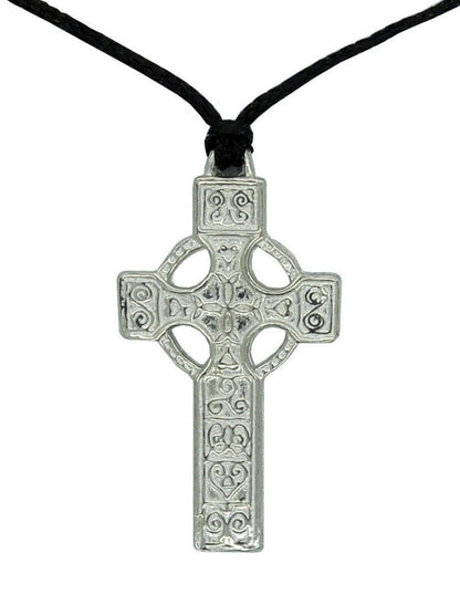 Celtic Cross Pendant Necklace (Open Ring Knotwork Design), Handcast Pewter Pendant on Adjustable Waxed Cord
