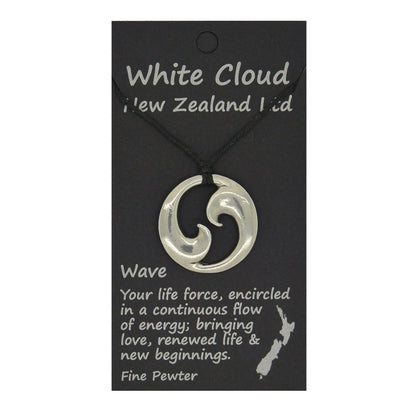 Twin Wave Pendant Necklace, Handcast Pewter on Adjustable Waxed Cord