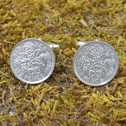 1967 English Sixpence Cufflinks, Handmade, in Fine Pewter, by William Sturt