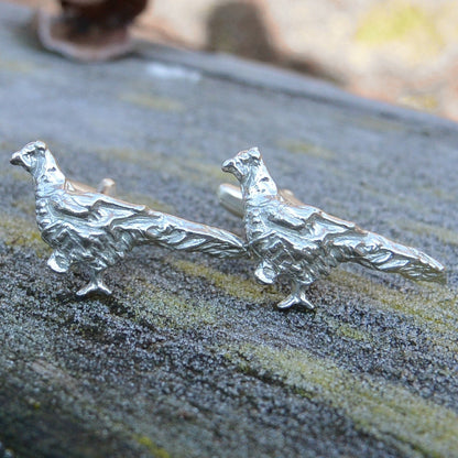Pheasant Cufflinks, Handcast Pewter Cufflinks, Polished Finish