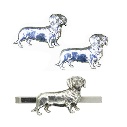 Dachshund Cufflinks & Tie Clip Set, Handcast, in English Pewter.