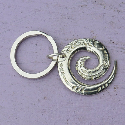 Maori Spiral Keyring, Engraved Spiral Key Fob, Handmade, by William Sturt, in Fine Pewter