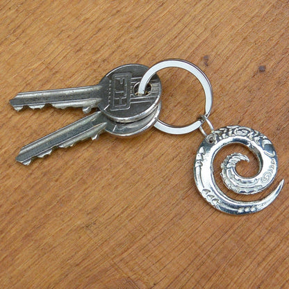 Maori Spiral Keyring, Engraved Spiral Key Fob, Handmade, by William Sturt, in Fine Pewter