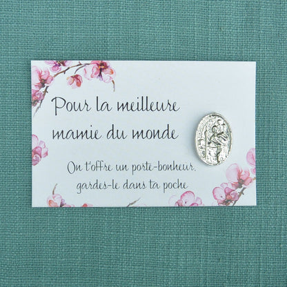French Mamie St Christopher Lucky Charme on Inspirational Card, Handmade in Fine Pewter, by William Sturt