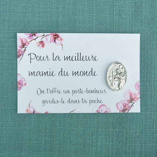French Mamie St Christopher Lucky Charme on Inspirational Card, Handmade in Fine Pewter, by William Sturt