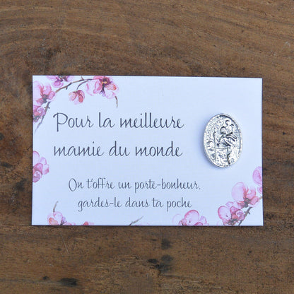 French Mamie St Christopher Lucky Charme on Inspirational Card, Handmade in Fine Pewter, by William Sturt