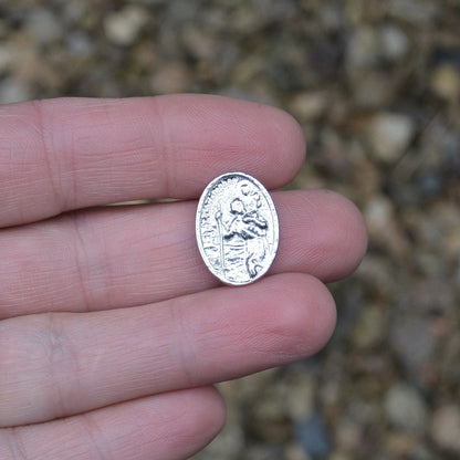 French Mamie St Christopher Lucky Charme on Inspirational Card, Handmade in Fine Pewter, by William Sturt