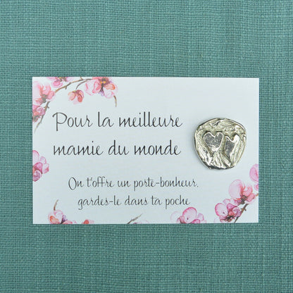 French Granny Heart Charm on Inspirational Card, Handmade in Fine Pewter, by William Sturt