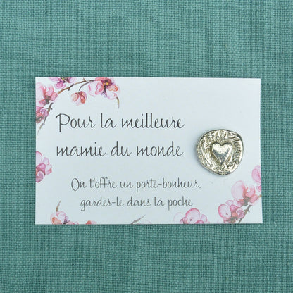 French Granny Heart Charm on Inspirational Card, Handmade in Fine Pewter, by William Sturt
