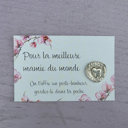 French Granny Heart Charm on Inspirational Card, Handmade in Fine Pewter, by William Sturt