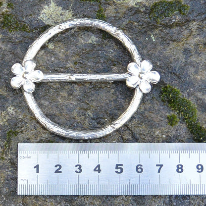 Two Daisy Scarf Ring, Oak Twig Circle, Handcast Pewter, Polished Finish