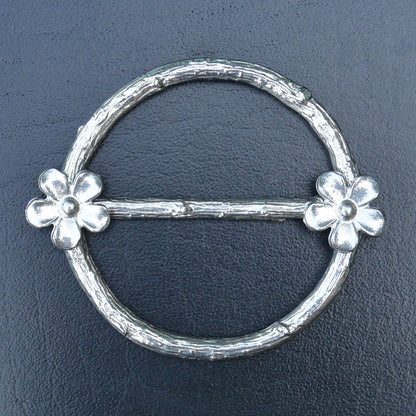 Two Daisy Scarf Ring, Oak Twig Circle, Handcast Pewter, Polished Finish