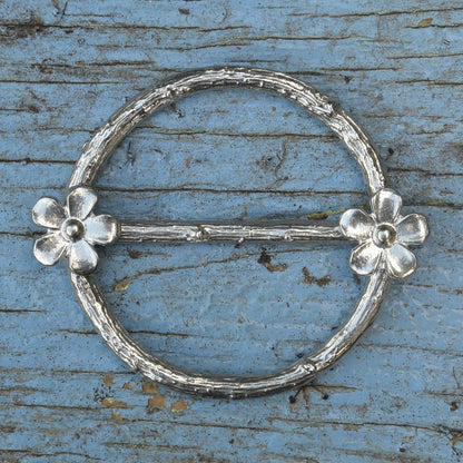 Two Daisy Scarf Ring, Oak Twig Circle, Handcast Pewter, Polished Finish