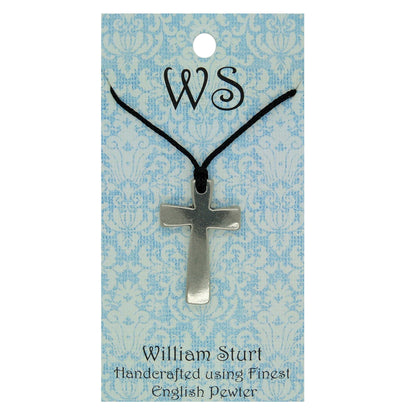 Simple Cross Pendant Necklace, Handcast Pewter on Adjustable Waxed Cord
