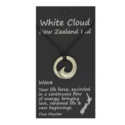Wave Pendant Necklace (Small), Handcast Pewter on Adjustable Waxed Cord