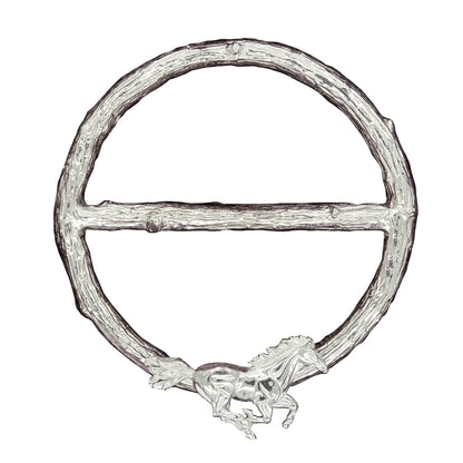 Cantering Horse Scarf Ring, Oak Twig Circle, Handcast Pewter, Polished Finish