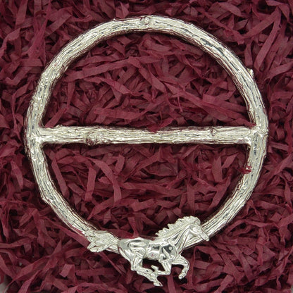 Cantering Horse Scarf Ring, Oak Twig Circle, Handcast Pewter, Polished Finish