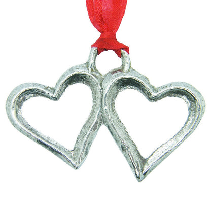 Two Hearts Chrismas Decoration, Handmade, in Fine Pewter, by William Sturt, Hung on an Organza Ribbon,