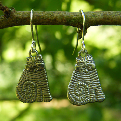 Stripy Cat Earrings, Gifts for Cat Lovers, Handmade in Fine Pewter, by William Sturt