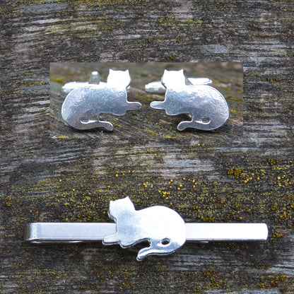 Cat Cufflinks & Tie Clip Set, Handcast, in Fine Pewter, by William Sturt