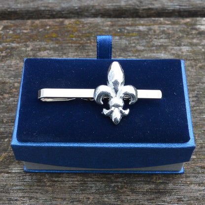 Fleur de Lys Set of Cufflinks and Tie Clip, Handmade, in Fine Pewter, by William Sturt