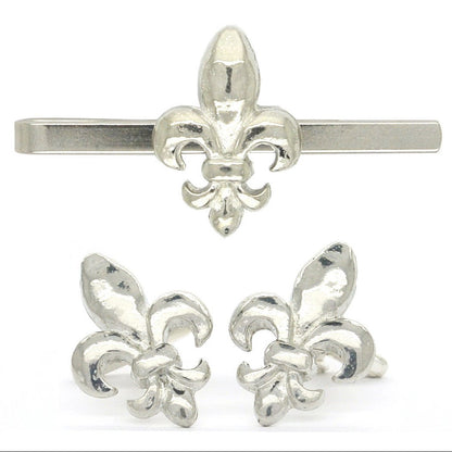 Fleur de Lys Set of Cufflinks and Tie Clip, Handmade, in Fine Pewter, by William Sturt