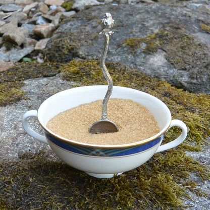 Robin on Twig Sugar Spoon With Round Bowl, Handcast, in Fine Pewter, by William Sturt