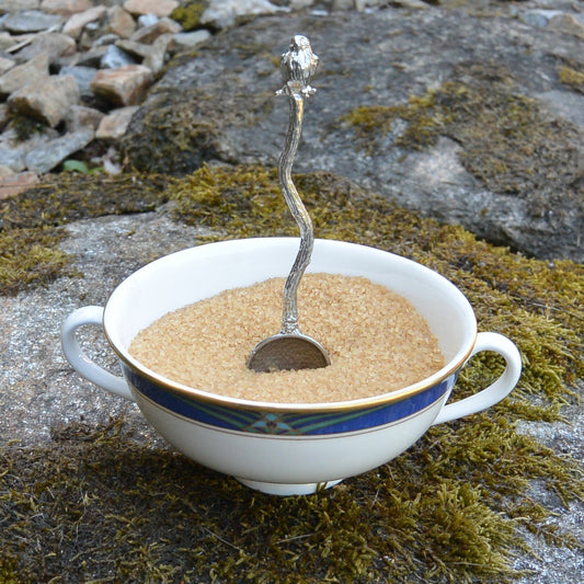 Robin on Twig Sugar Spoon With Round Bowl, Handcast, in Fine Pewter, by William Sturt