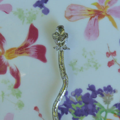 Robin on Twig Sugar Spoon With Round Bowl, Handcast, in Fine Pewter, by William Sturt