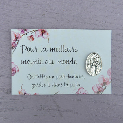 French Mamie St Christopher Lucky Charme on Inspirational Card, Handmade in Fine Pewter, by William Sturt