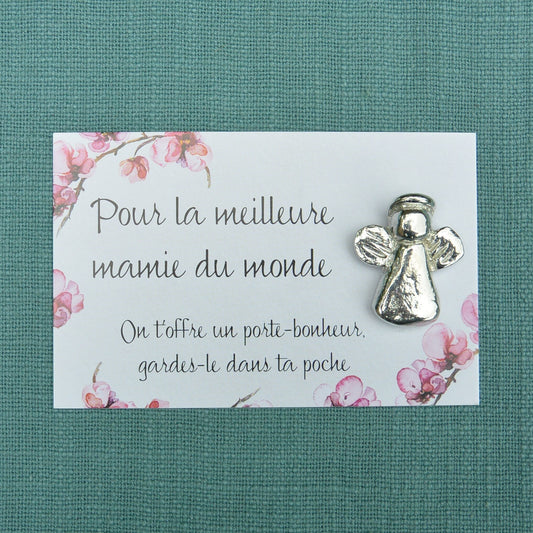 French Granny Angel Charm on Inspirational Card, Handmade in Fine Pewter, by William Sturt