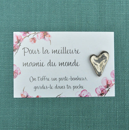 French Granny Heart Charm on Inspirational Card, Handmade in Fine Pewter, by William Sturt