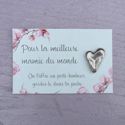 French Granny Heart Charm on Inspirational Card, Handmade in Fine Pewter, by William Sturt