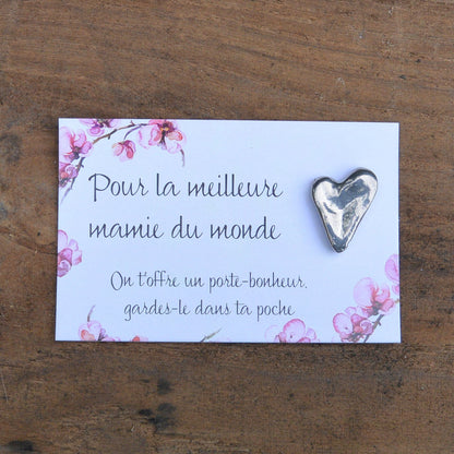 French Granny Heart Charm on Inspirational Card, Handmade in Fine Pewter, by William Sturt