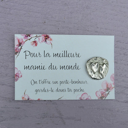 French Granny Heart Charm on Inspirational Card, Handmade in Fine Pewter, by William Sturt