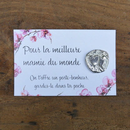 French Granny Heart Charm on Inspirational Card, Handmade in Fine Pewter, by William Sturt