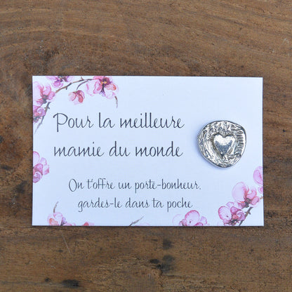 French Granny Heart Charm on Inspirational Card, Handmade in Fine Pewter, by William Sturt