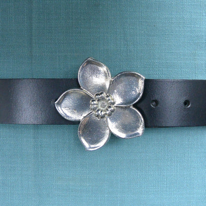Red Leather Belt, Forget Me Not Flower Buckle in Hand Cast Pewter, by William Sturt