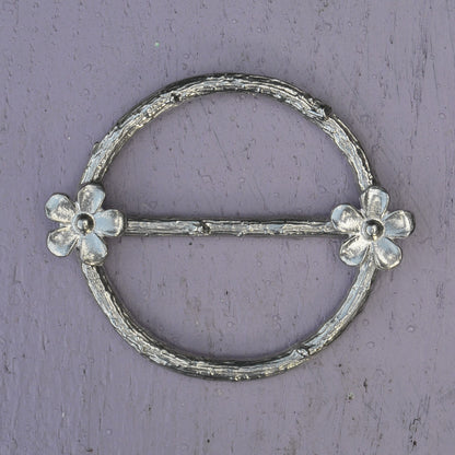 Two Daisy Scarf Ring, Oak Twig Circle, Handcast Pewter, Polished Finish