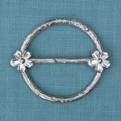 Two Daisy Scarf Ring, Oak Twig Circle, Handcast Pewter, Polished Finish