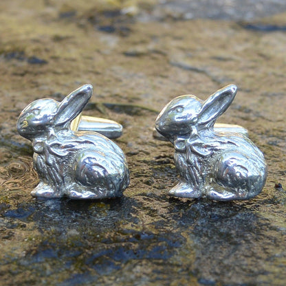 Rabbit Cufflinks (Facing Left), Handcast Pewter Cufflinks, Polished Finish