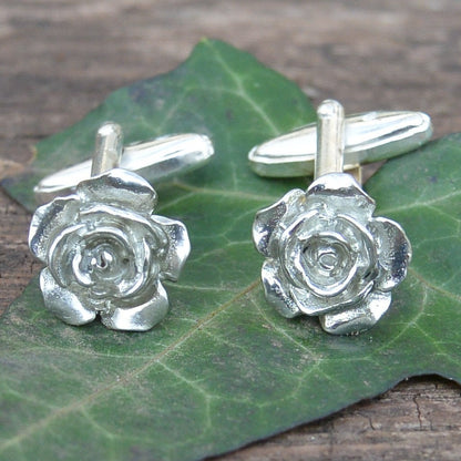 Rose Cufflinks, Handcast Pewter Cufflinks, Polished Finish