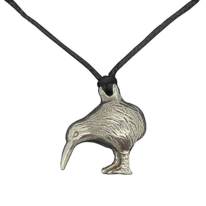 Kiwi Bird Pendant Necklace, Handcast Pewter on Adjustable Waxed Cord