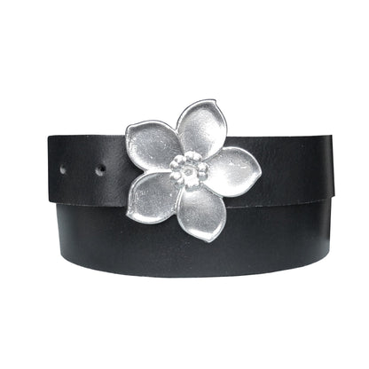 Red Leather Belt, Forget Me Not Flower Buckle in Hand Cast Pewter, by William Sturt