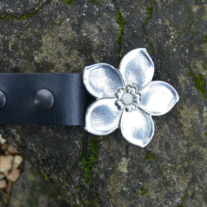 Red Leather Belt, Forget Me Not Flower Buckle in Hand Cast Pewter, by William Sturt