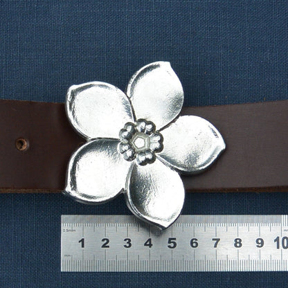 Red Leather Belt, Forget Me Not Flower Buckle in Hand Cast Pewter, by William Sturt